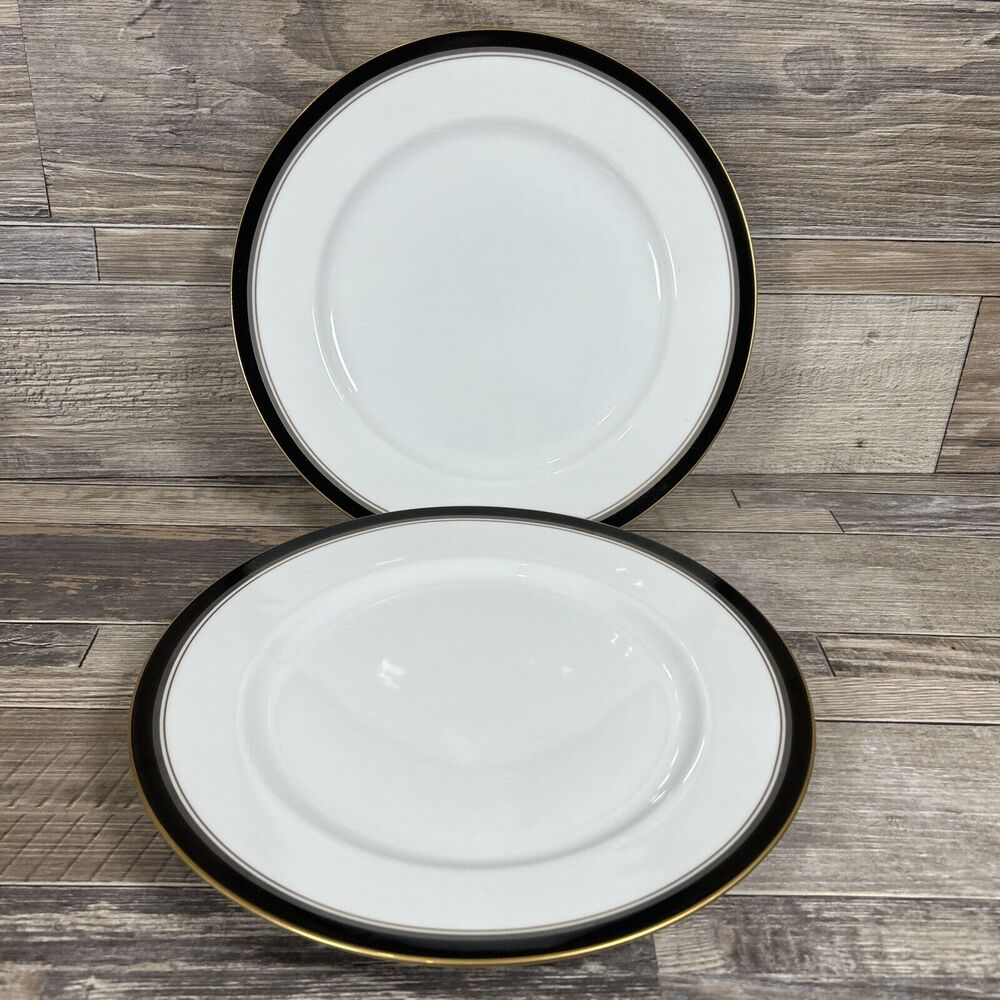 Royal Prestige Nocturne Dinner Plate 11" Diameter Black & Gold W White Lot Of 2